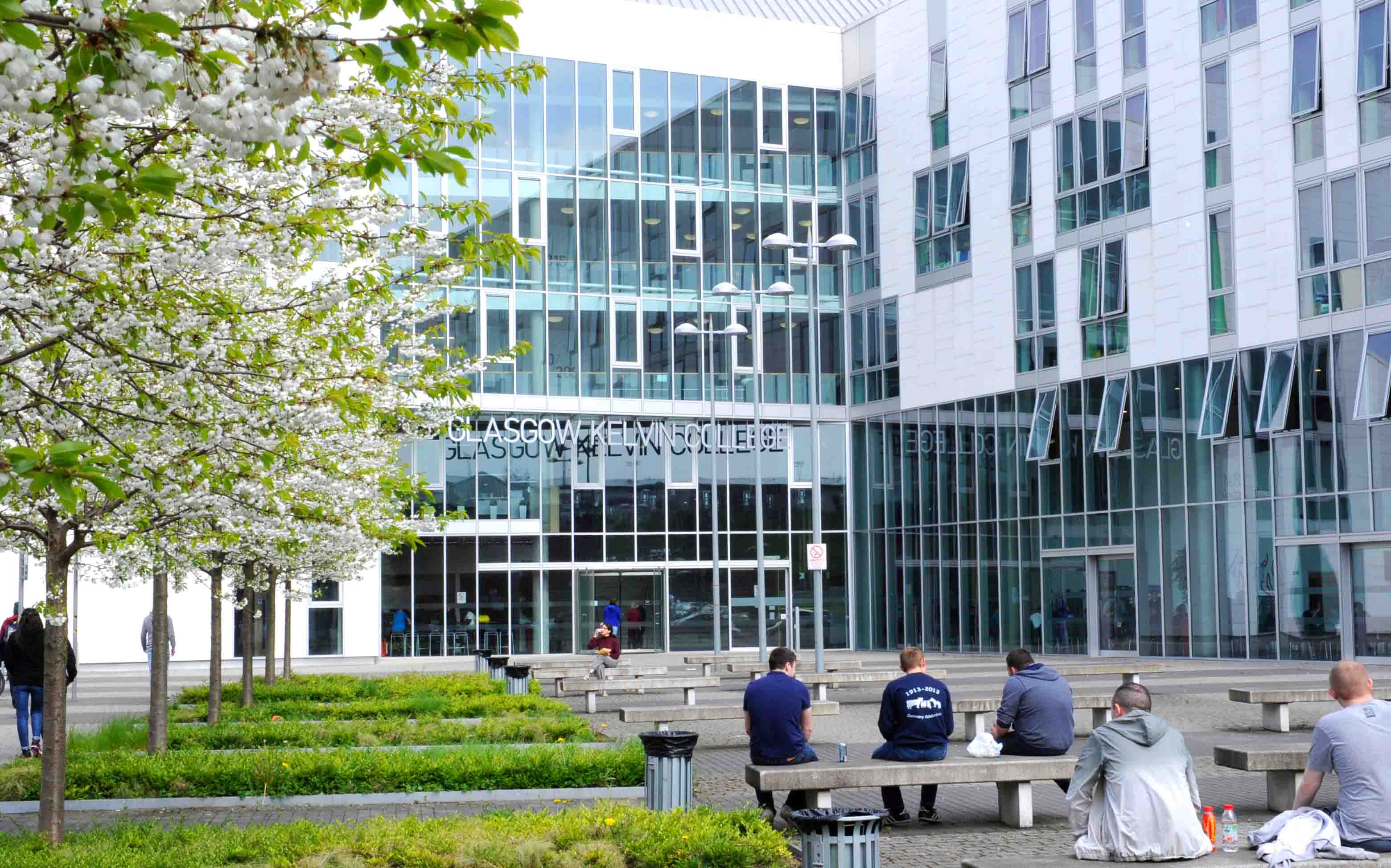 Exterior view of Glasgow Kelvin College Springburn Campus and Quadrant building, showcasing modern architecture and main entrance area.