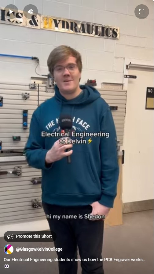 A student in a blue hoodie holding a microphone, standing in front of an electrical engineering workstation at Glasgow Kelvin College. The text overlay reads 'Electrical Engineering at Kelvin ⚡' with the student introducing themselves as Shedon