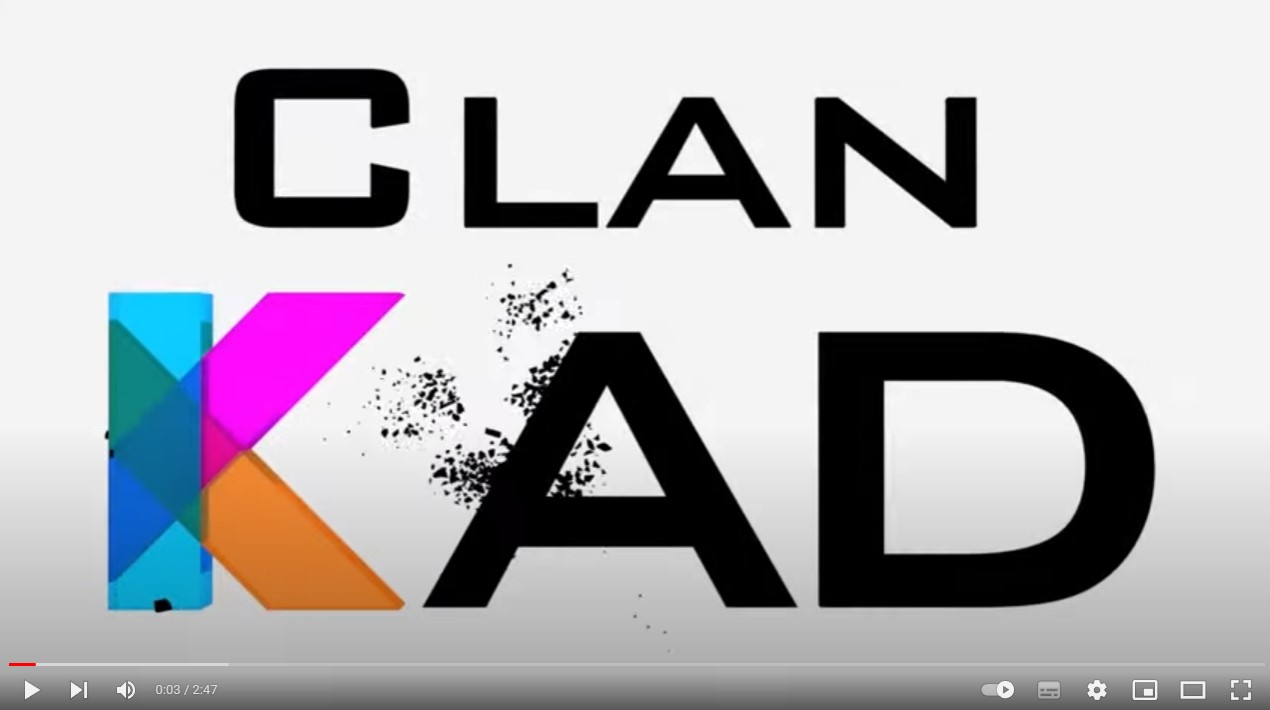 A digital graphic displaying the text "CLAN CAD" in bold black letters on a white background. The "K" in "CLAN" is stylized with colorful geometric shapes in blue, orange, and pink, with a splatter effect on the right side of the design.