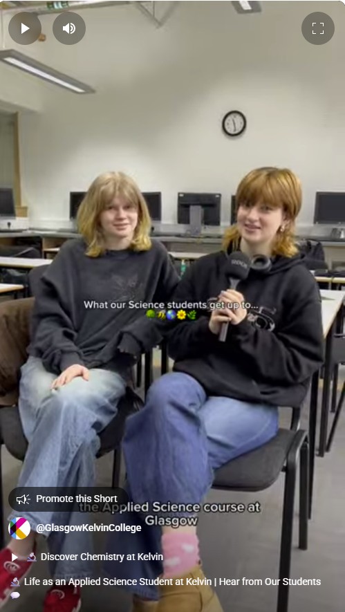 Two Applied Science students at Glasgow Kelvin College sit in a computer lab, smiling and speaking into a microphone about their experience on the course.
