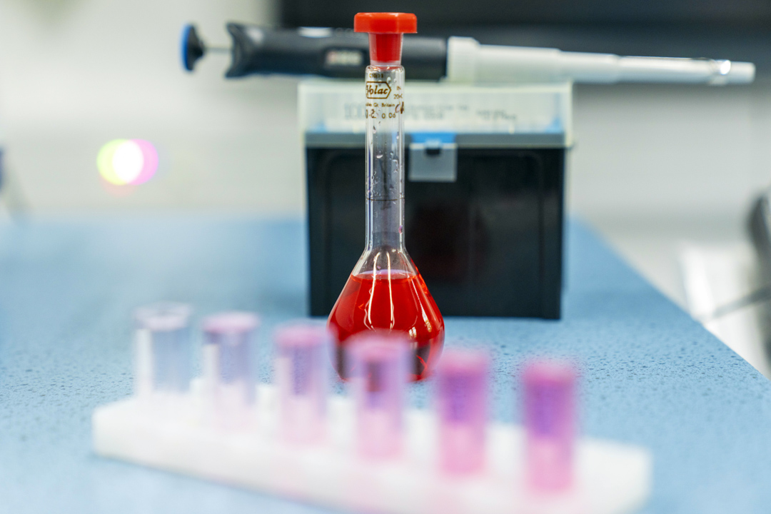 A bright red liquid fills a glass flask on a blue lab bench, with a row of test tubes in soft pinks and purples in front and a pipette resting in the background—science in action and full of colour.