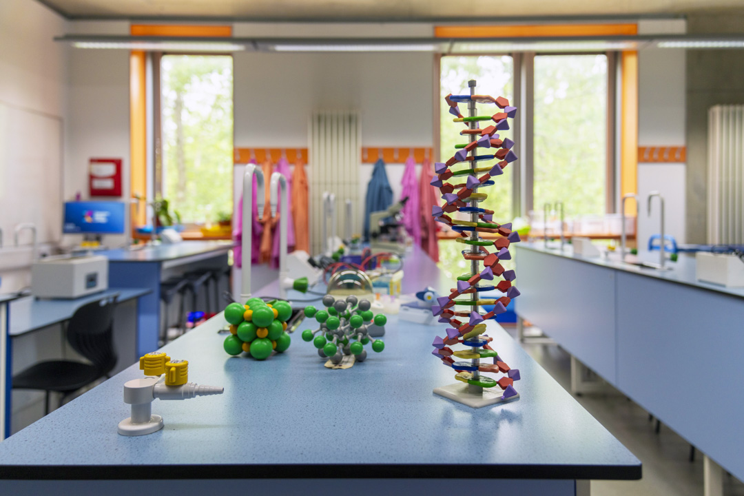 A bright science lab with colourful lab coats hanging by the windows, a tall DNA model standing proudly on the bench, and lots of molecule models ready for some hands-on experiments and creative discovery