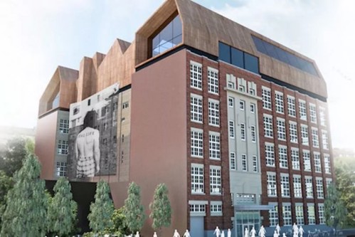 Architectural rendering of the redeveloped Stow Building, featuring a modern rooftop extension above the original red-brick façade and a large-scale wall mural.